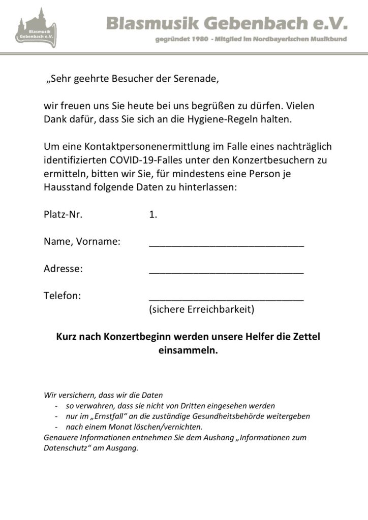 Serenadenkonzert Musikverein Gebenbach - Zettel für die Stühle